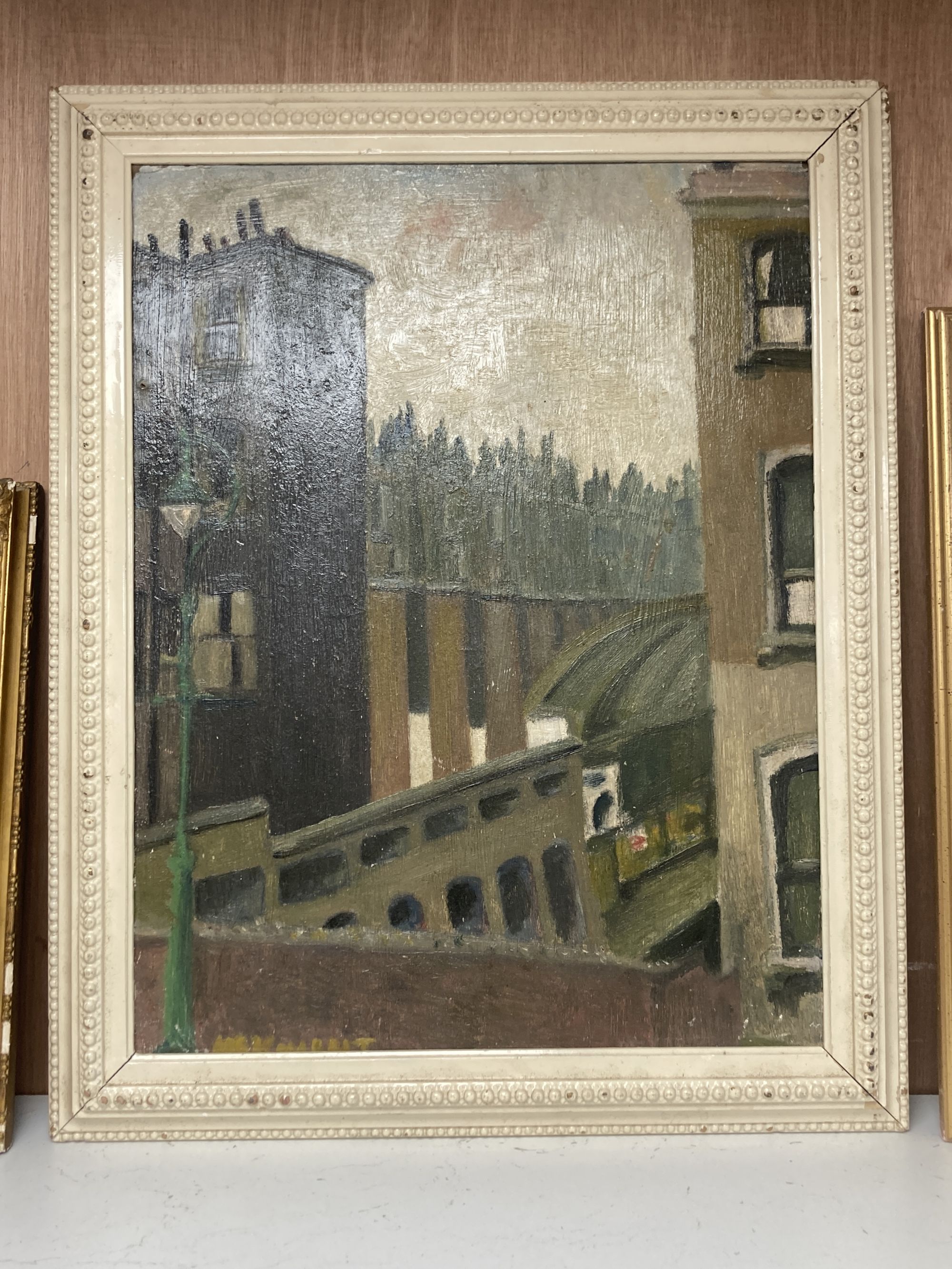 McKnight, oil on board, Street scene, signed, 50 x 38cm, a head study sketch verso